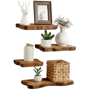 Pinkunn 4 Pcs Floating Shelves for Wall Wooden Live Edge Shelf Wall-Mounted Natural Solid Wood Bedroom Kitchen Storage Living Room Nursery Decor (15.8/11.8/7.9 Inch)
