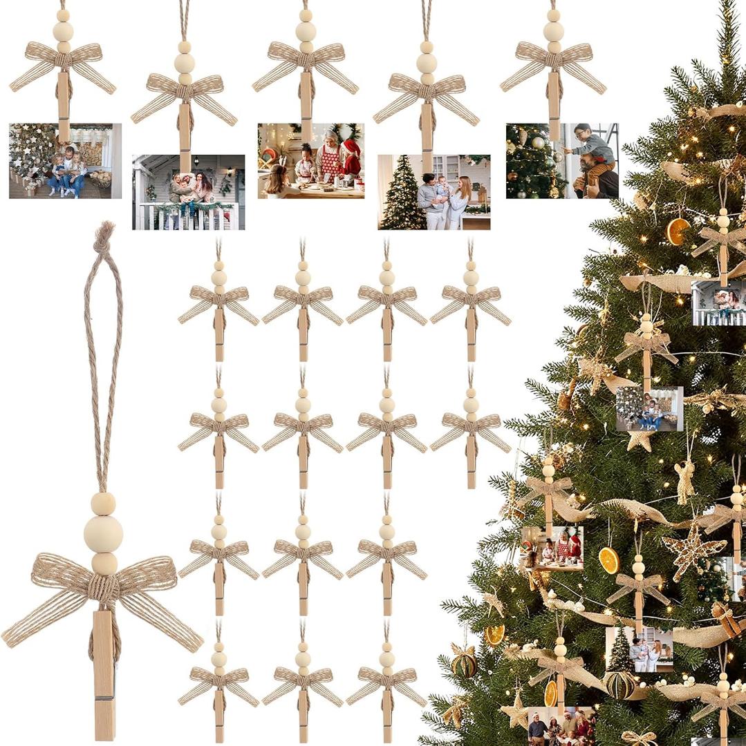 24 Pcs Rustic Christmas Hanging Photo Display Clips Neutral Wooden Bead Photo Clips for Christmas Tree Decor Farmhouse Hanging Card Display Holder for Holiday Wedding Party Decoration