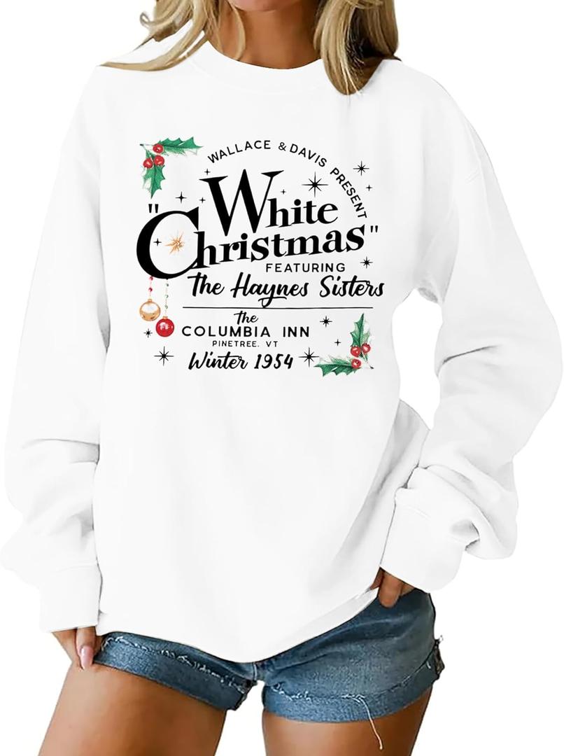 MAXIMGR White Christmas Sweatshirt for Women Christmas Sweatshirts Xmas Holiday Sweatshirt Funny Letter Print Pullover Tops (White)