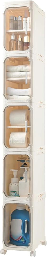 Narrow Bathroom Storage Cabinet with Wheels,5-Tier Plastic Slim Organizer with Adjustable Shelves for Small Spaces,Bathroom, Kitchen, Laundry,Milky White