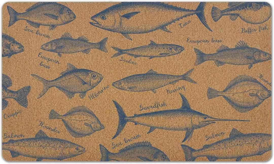 Coastal Blue Fish Door Mat, Navy Blue Fish Front Door Mat Outside Entrance, Coastal Ocean Fishes Artificial Coir Doormat Rugs for Indoor Porch Patio Entry Entryway Outdoor, 17x30 Inch