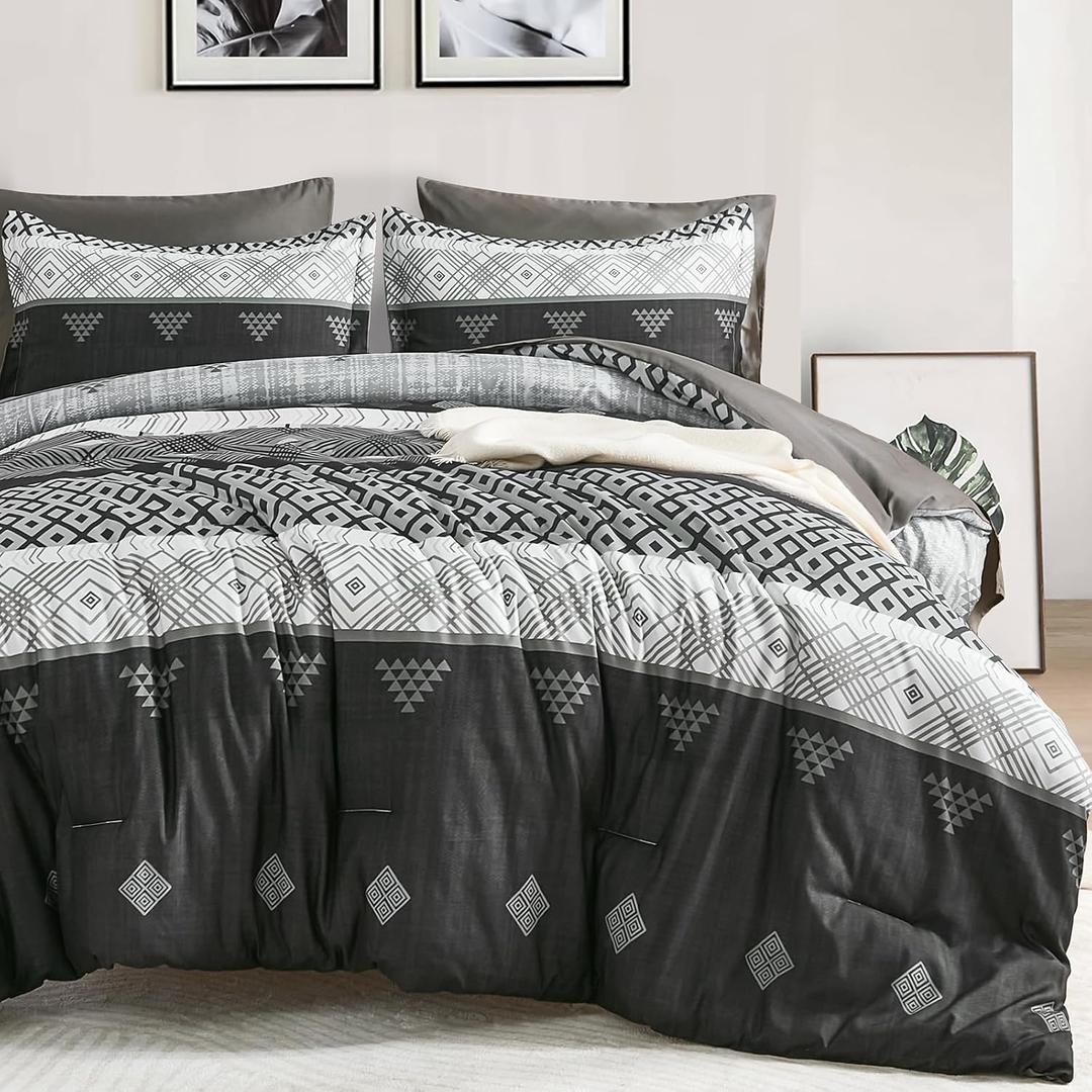 Xruibed Black Queen Comforter Set 7 Pieces, Black Grey Boho Striped Bed in a Bag Queen Size Soft Microfiber All Season Bedding Set with Comforter, Sheets, Pillowcases & Shams(90"90")