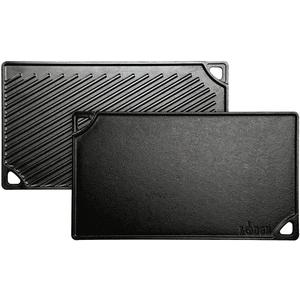 Lodge Reversible Cast Iron Grill/Griddle  9.5 x 16.75 Inch Pre-Seasoned Cooking Surface  Flat & Ribbed Sides  Use on Stove, Grill, or Campfire  Made in the USA  Heavy-Duty, Black