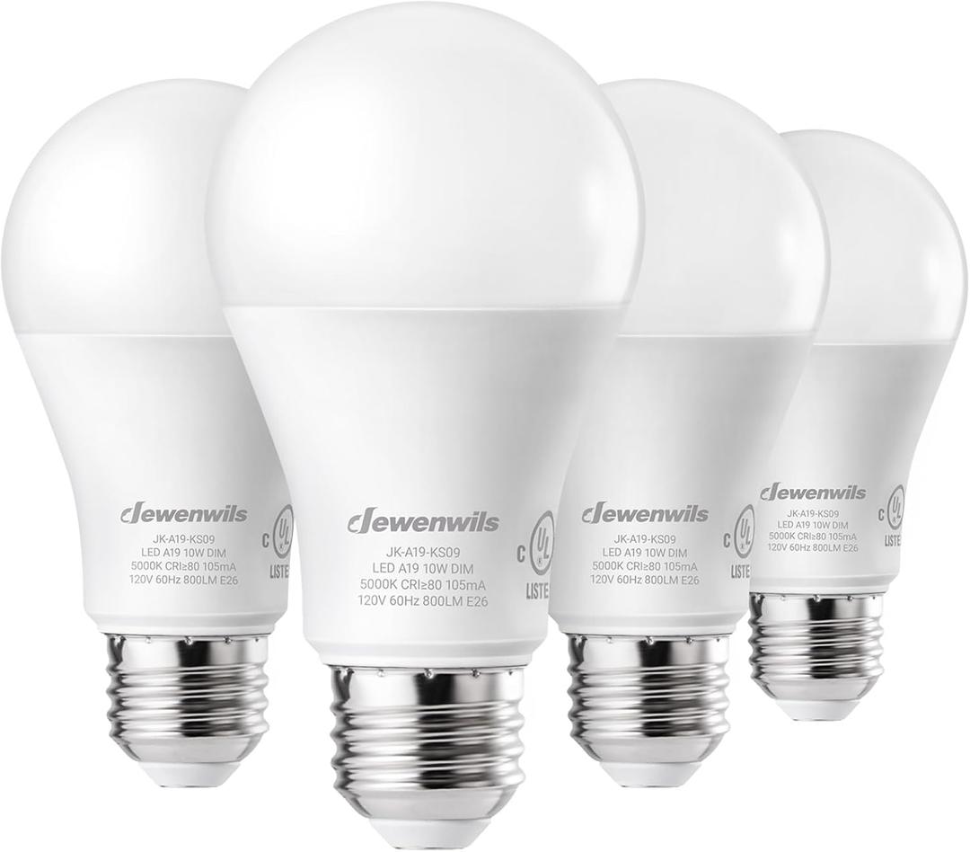 DEWENWILS 4 Pack A19 Dimmable LED Light Bulbs, 800LM, 5000K Daylight Light Bulbs, 9W(60W Equivalent) LED Bulb, E26 Base Light Bulb, UL Listed
