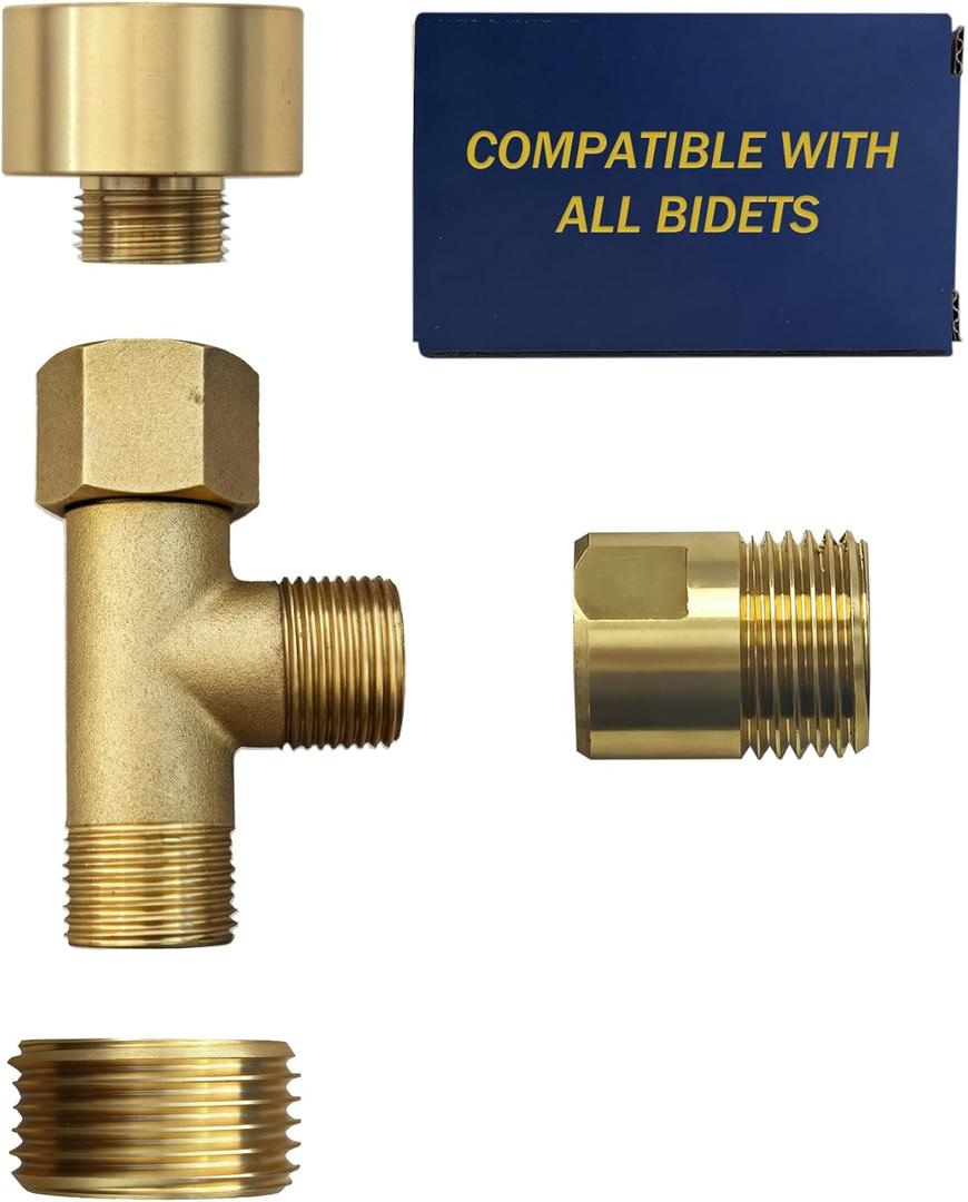 Universal Bidet T Adapter for Any Brand Bidet Hose, All-in-One Solution fit Toilet Tank Inlet or Angle Valve Outlet, 3/8"-7/8"-1/2"Brass Made