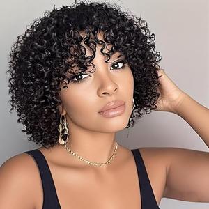Short Curly Bob Human Hair Wig with Bangs 100% Human Hair Glueless Wear and Go No Lace Wig Machine Made Water Wave Bob Wig for Black Women Natural Black Color 10 inch