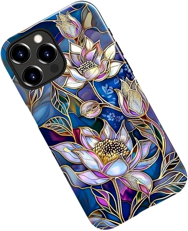 Case for iPhone 16 Pro,Stained Glass Lotus Flowers Gold Purple Phone Case Military-Grade Drop Protection Cover for Women Girl - Glossy
