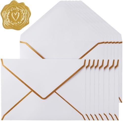 30 Pack Thick 5x7 Envelopes with Gold Border, A7 Thick Paper Greeting Cards Envelopes with Stickers for Invitation (White, 7.24x5.24 inches)