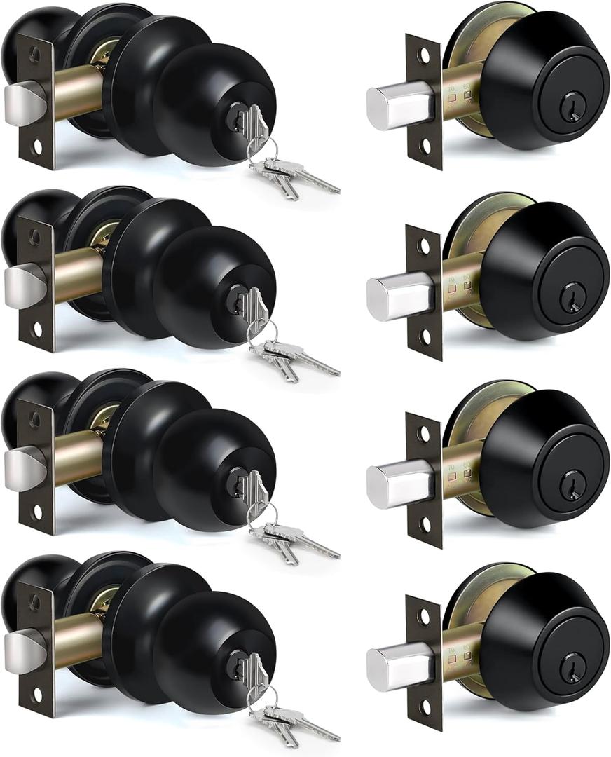 BESTTEN 4 Pack All Keyed Same Exterior Door Knob with Key Lock and Deadbolt, for Entrance and Front Door, Matte Black