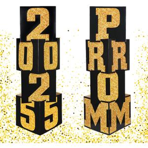 Queekay 8 Pcs Prom Column Standup Photo Booth Decorations 2025 Prom Backdrop Balloon Boxes Cardboard Decoration Column for Party College, 11.8 x 44.9 Inch(Gold, Black)