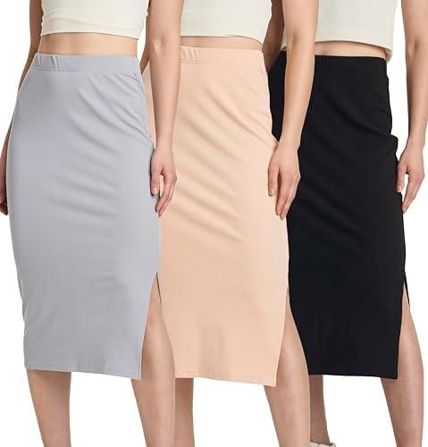 Real Essentials 2 Pack: Women's Midi Ribbed Knit Skirt with Side Slit - Stretchy Work Business Casual Pencil Pull-On Skirts Large