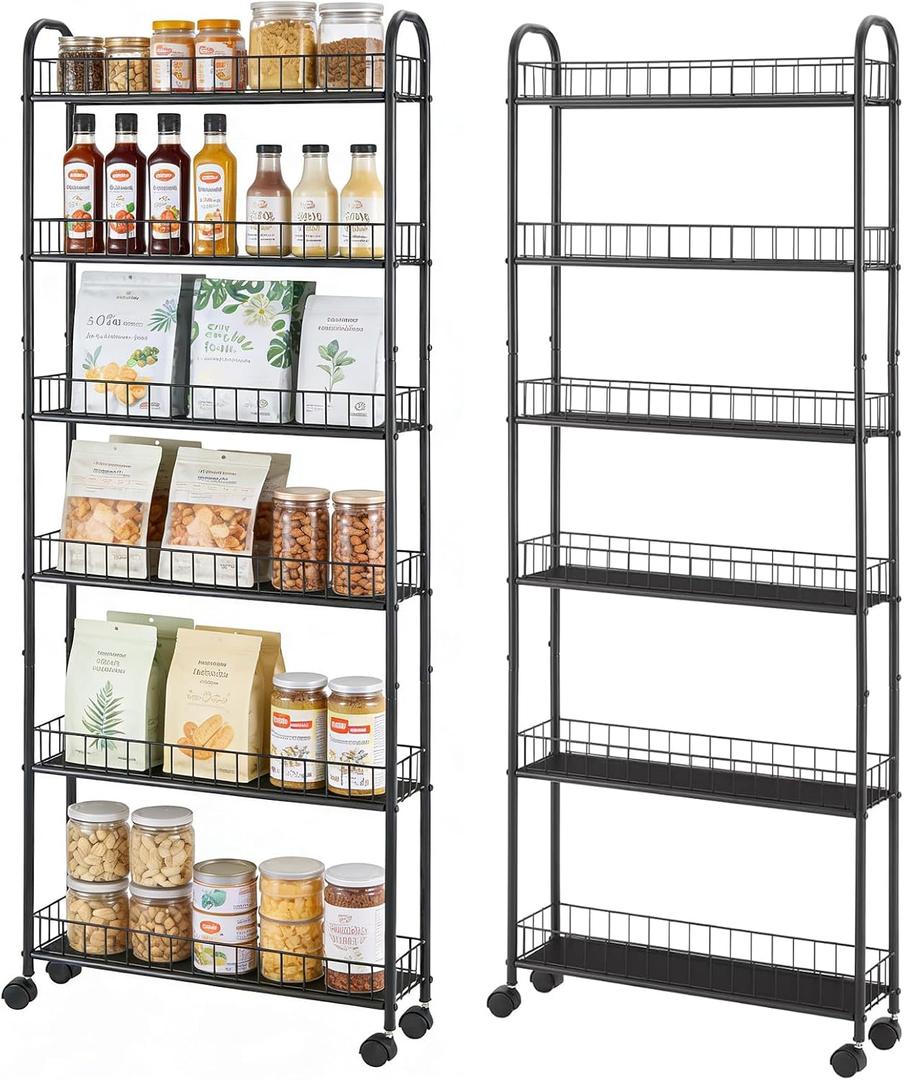 Slim Storage Cart with Wheels, 6-Tier 6in Black Narrow Rolling Shelf,Sturdy Slim Storage Ideal for Kitchen, Bathroom, and Laundry Room
