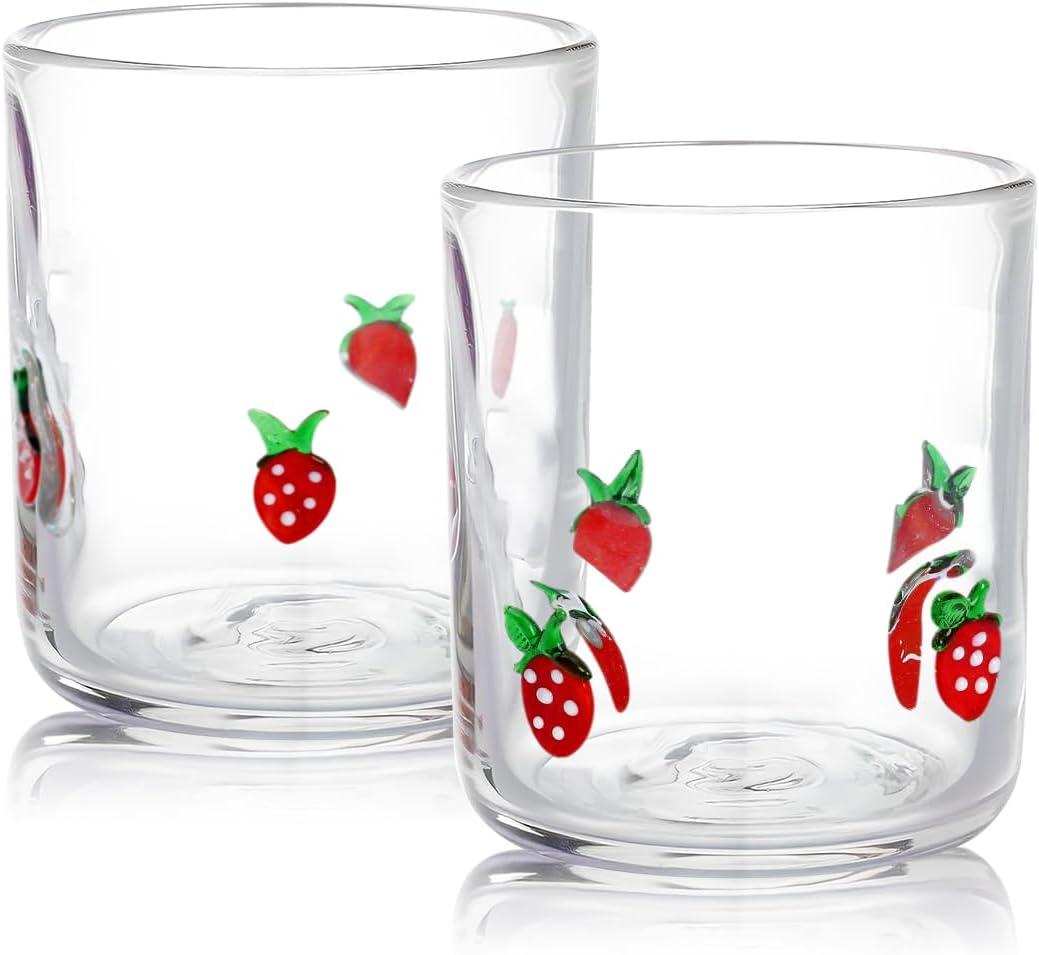 2 Pack Icon Juice Glass Strawberry, Old Fashioned Transparent Cup Heat & Cold Resistant Coffee Cup with Heavy Base, Cute Cocktail Glass Drinking Mug 16 oz, Strawberry Design for Birthday Gift