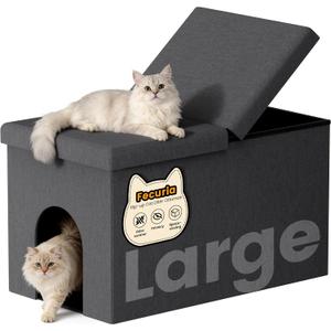 3-in-1 Cat Litter Box Enclosure with Odor Control, Multi-Functional Hidden Litter Box Furniture Bench, Dog Proof, Space-Saving Ottoman Cabinet with Flip-Up Lid, Storage Footrest, Dark Grey, L