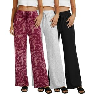 3 Pack Women's Palazzo Pants Wide Leg Adaptive Pajama Bottoms Lounge Casual | Available In Plus Size, Stretchy, Comfy, Drawstring, Elastic Waist, Soft, PJ, Sleep, Yoga, Travel, Beach, Work, Everyday (L)