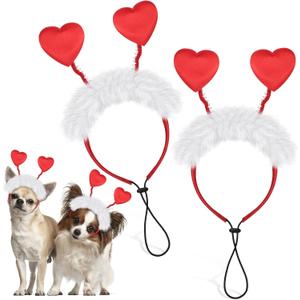 2 Pcs Valentine's Day Dog Heart Headband Red Love Hearts Headband Adjustable Dog Costume for Medium and Large Dogs Pets Weddings Anniversaries Holidays Dressing Props Accessories