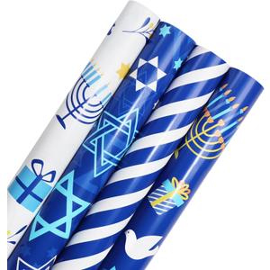 Tifeson 4 Rolls Hanukkah Wrapping Paper, Mini Roll, Chanukah Blue White Holiday Gift Wrapping Paper Menorahs, Star of David, Dreidel Stripe Design,17 Inch x 118 Inch Per Roll