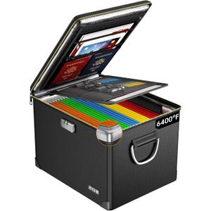 Fireproof Document Box,Hard Case File Organizer with Fireproof Zipper&Threads,Non-Foldable Filing Cabinet with Lock, Portable Office Safe Box Storage for Hanging Letter Folder,Valuables,Black