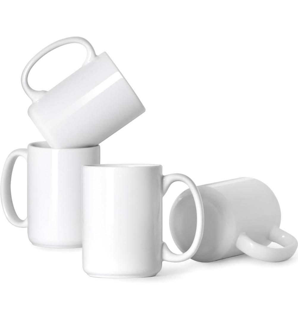 16 OZ Porcelain Coffee Mugs, Classic Blank Ceramic Cup with Large Handle for Tea Latte Cappuccino, Set of 4, White