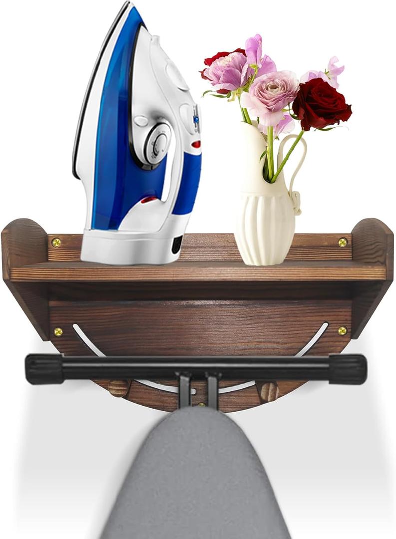 Taladad Ironing Board Hanger Wall Mount,Ironing Board Holder for Organization Iron and Ironing Board Hanger with Storage Board T Y Shaped (Brown)