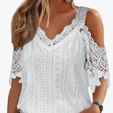 Flamingals Women's Cold Shoulder Eyelet Short Sleeve Hollow Out Lace Floral Sleeveless Blouse Top, M
