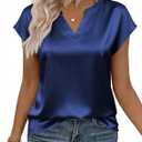 Zeagoo Women Tops Silk Satin Blouses V Neck Summer Shirts Cap Sleeve Business Casual Dressy Spring Clothing (Blue, XL)