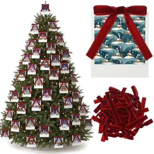 Suncalla 20 Pcs Christmas Photo Frame Burgundy Velvet Bow Ornament for Display Picture Vintage Picture Frame Hanging Decoration for Christmas Tree Holiday Season Home Party Decor
