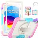 SEYMAC Case for iPad (A16) 11th/10th Generation 2025/2022 (11/10.9), Sturdy Heavy Duty Full-Body Shockproof Protective Case with Screen Protector, Rotating Stand, Hand/Shoulder Strap, Colorful/Pink