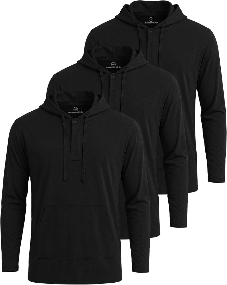 Real Essentials 3 Pack: Men's Cotton Henley Pullover Hoodie Lightweight Casual Long Sleeve Hooded Sweatshirt (Big & Tall), Large, Black, Black, Black