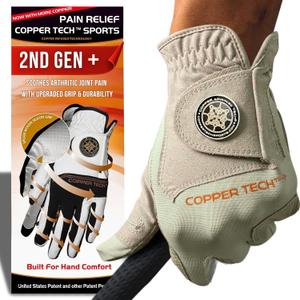 Copper Tech Plus Golf Gloves Men Right Handed Golfer or Left Handed Golfer (2nd Gen) | Copper Compression Joint Support Golf Glove (Medium-Large, Khaki/Khaki)