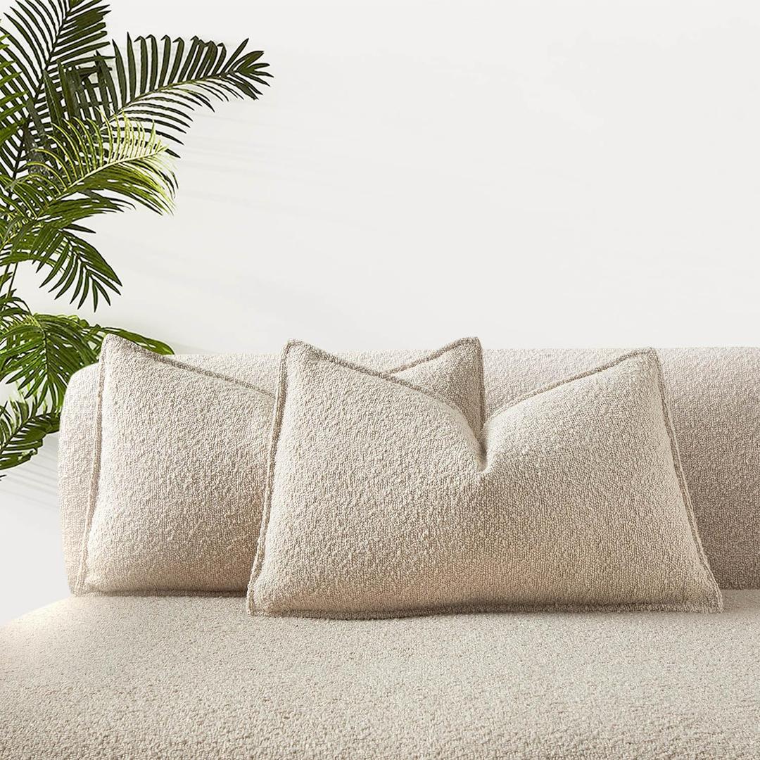 JUSPURBET Pillow Covers Set of 2 Decorative Throw Pillow Covers Case for Couch Sofa Bed Soft Boucle Textured Lumbar Cushion Covers with Hidden Zipper for Home Decor Living Room 16x24,Beige