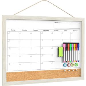 Calendar Whiteboard for Wall, 18x24 Inches Whiteboard Calendar Cork Board Combo, Magnetic Monthly White Board with Wood Framed, Hanging Dry Erase Board for Kitchen Home Office School Planner