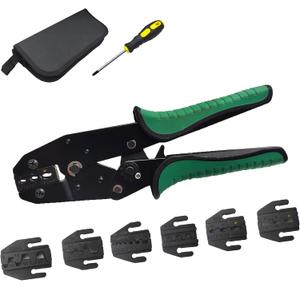 6 in 1 Ratchet Wire Crimping Tool Kit Ratchet Wire Crimper with 6PCS Interchangeable Jaws for Solar, Heat Shrink, Open Barrel, Insulated and Non-Insulated Ferrules