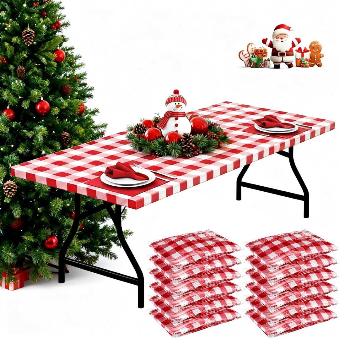 Boao 12 Pcs Plastic Table Cloths 72 x 30 Inch for 6 ft Tables Disposable Plastic Table Cloths with Elastic Fitted Elastic Desk Cover Rectangle Waterproof for Picnic, Camping, Holiday(Red, White)