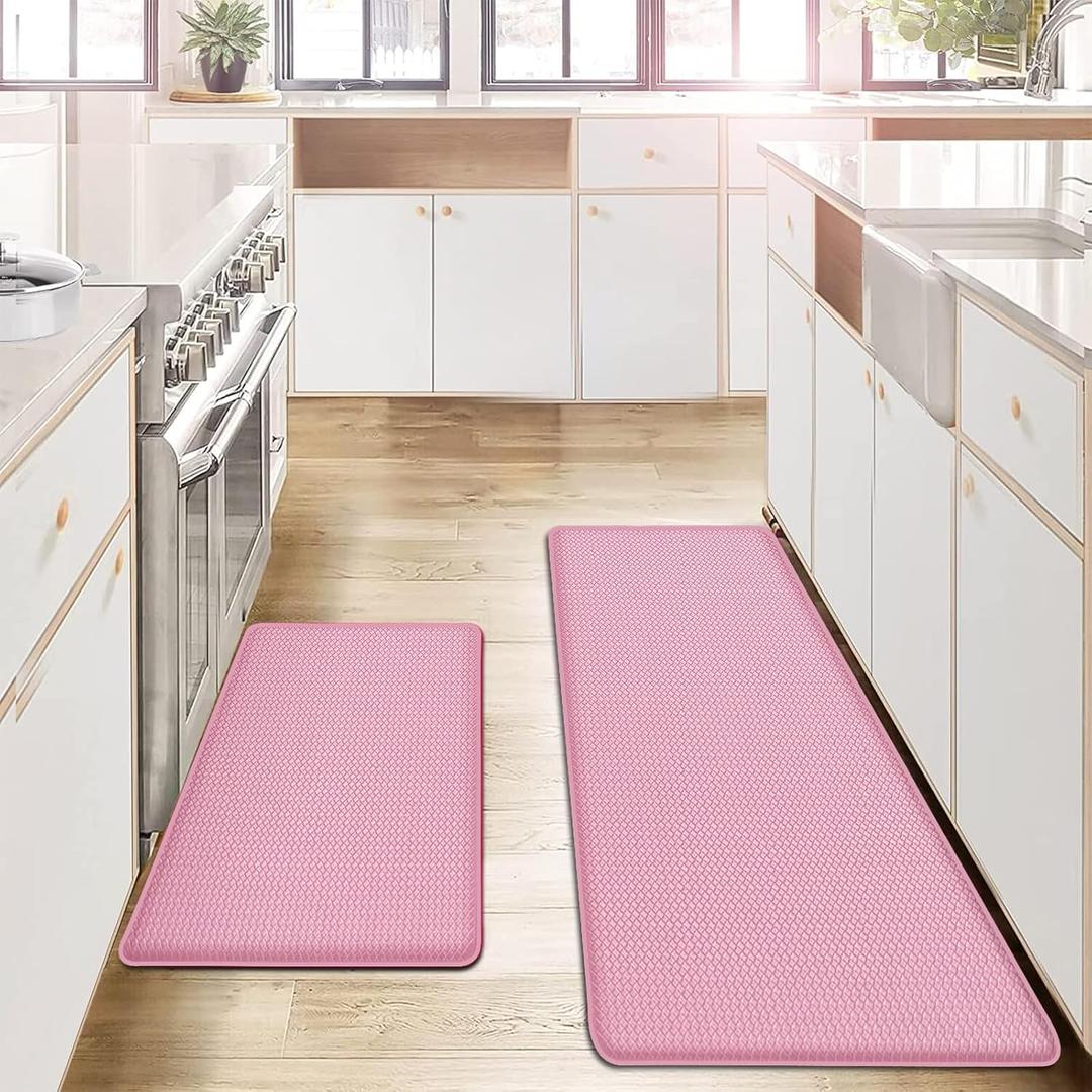 AUTODECO Kitchen Mats and Rugs Set of 2 - Cushioned Anti-Fatigue Kitchen Rug for Floor Washable 17"x29" +17"x59", PinkRed