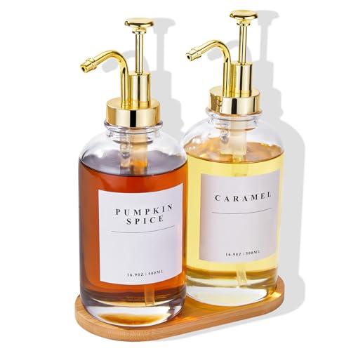Coffee Syrup Dispenser for Coffee Bar, Coffee Syrup Pump Dispenser, Glass Syrup Bottle with Gold Upgraded Pump, 2 Pack 16.9 oz 500 ml Syrup Dispensers, 28 Labels and Bamboo Tray