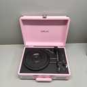 JORLAI Pink Vinyl Record Player 3 Speeds Portable Suitcase Turntable with Built-in Dual Speakers, Bluetooth Gramophone with Built-in Battery 3.5mm Aux Input/ RCA Output
