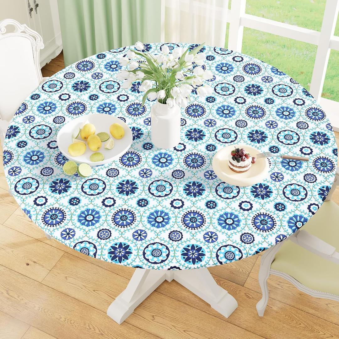 misaya Round Fitted Tablecloth with Elastic Edge, 100% Waterproof Oil Proof Plastic Table Cover, Vinyl Flannel Backed Tablecloth Fits 36"-44" Round Tables for Dinner, Outdoor, Picnic, Navy Mandala