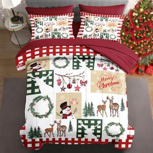 7 Pcs King Size Christmas Comforter Set with 2 Pillowcases & 2 Shams, Snowman Reindeer Bedding for Kids and Adults, Merry Winter Bed in a Bag with Flat Fitted Sheet