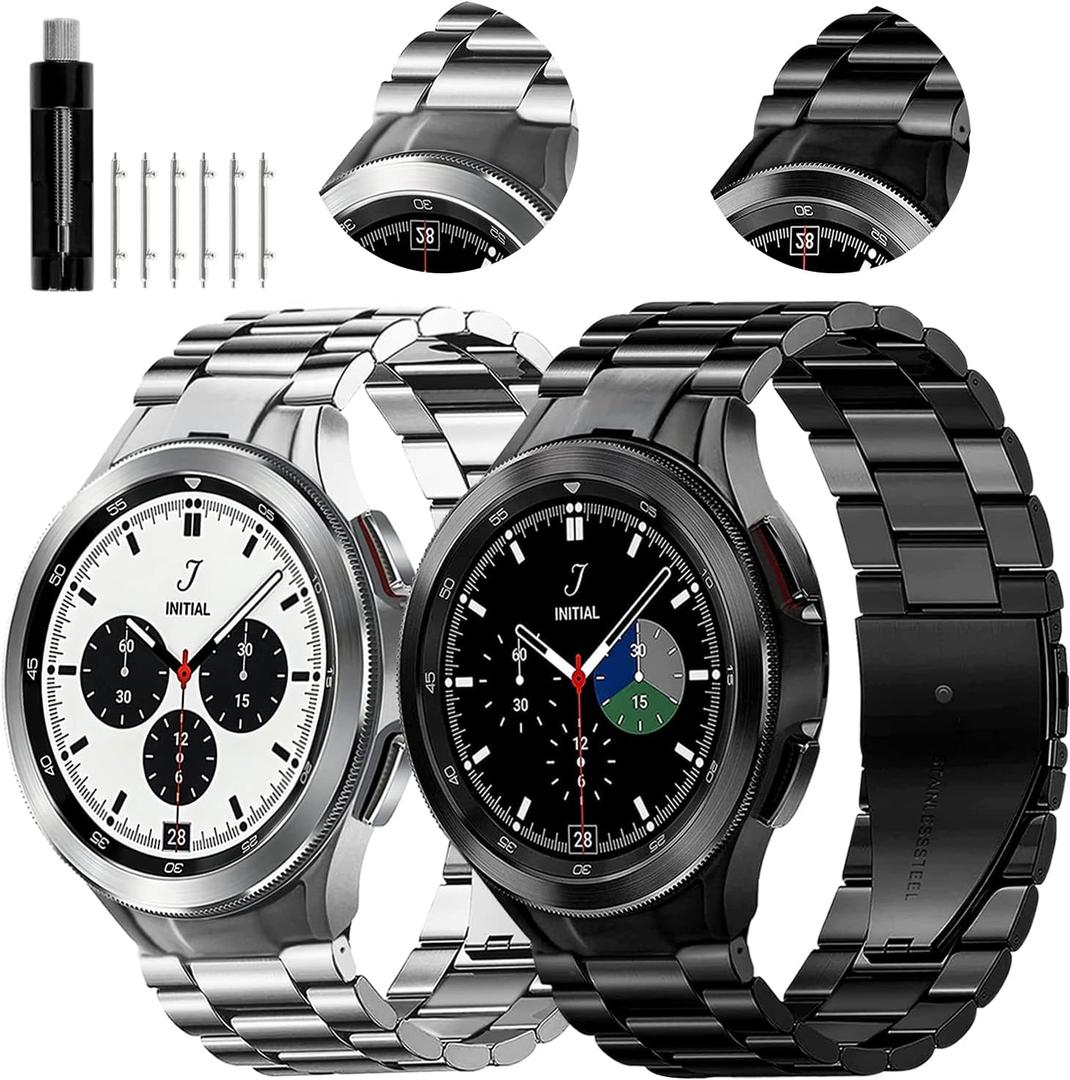 GOLDTOLUCK Stainless Steel Band Compatible with Samsung Galaxy 9/8/8 Classic 40 44 46mm Men Women Milanese Mesh Magnetic Classy Elegant Casual Business Metal Stainless Steel, Black Silver