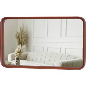 48"x 28" Wood Mirror, Rectangle Wall Mirror, Deep Wood Frame Vanity Mirror for Wall, Rounded Corner Farmhouse Rustic Decorative Mirror for Bathroom Bedroom Livingroom Entryway Walnut Color