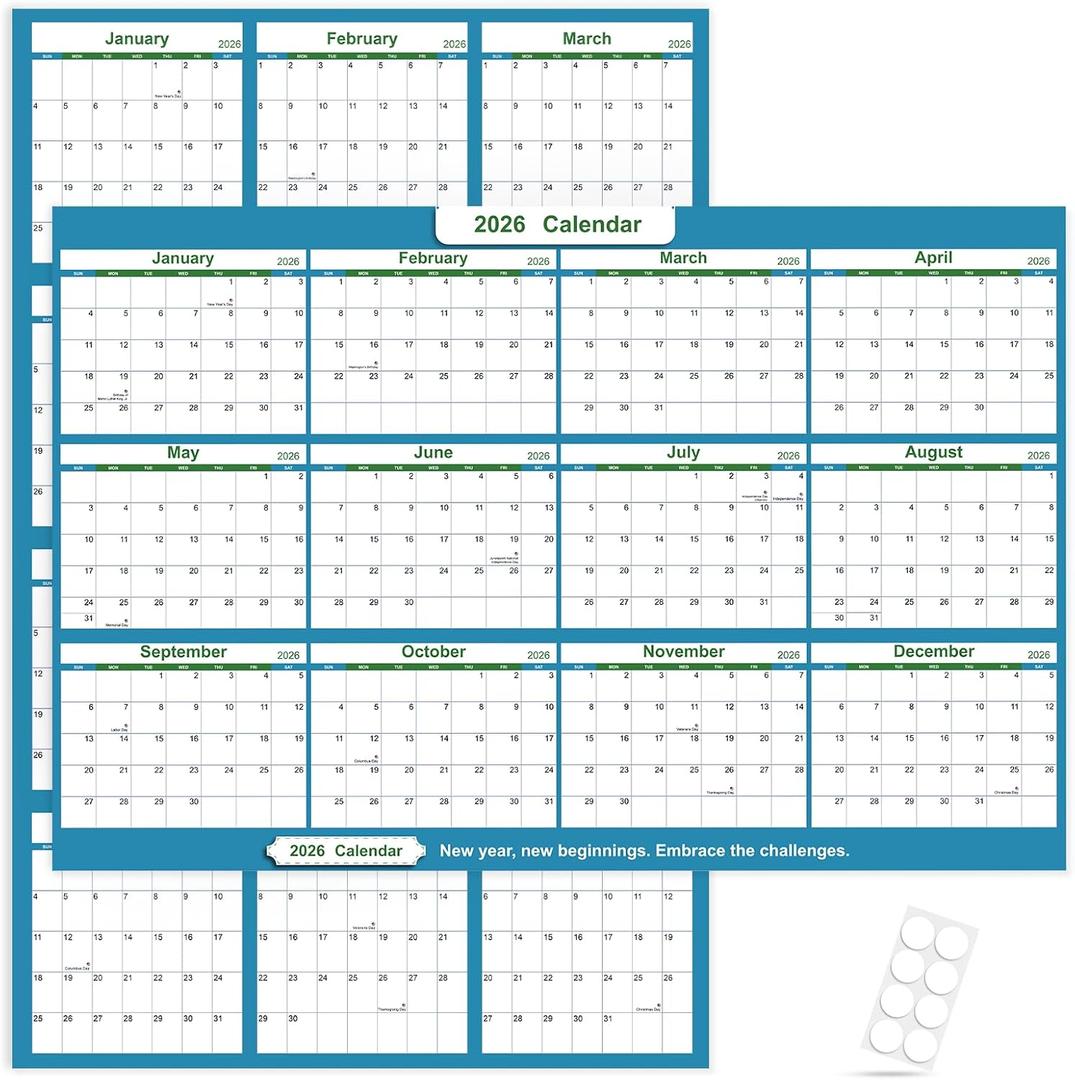 2026 Wall Planner 34.8"x22.8" Dual-Sided Dry Erase Calendar with 8 Adhesive Dot Stickers, Folded Packaging, Reversible Extra Large Monthly Yearly Planner For Office Home Students, Teal