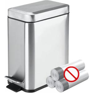 Homie Soft Close, Slim Trash Can 1.6 Gallon with Anti - Bag Slip Liner and Lid, Use as Mini Garbage Basket, Slim Dust Bin, or Decor in Bathroom, Restroom, Kitchen, or Bedroom (Brushed Stainless Steel)