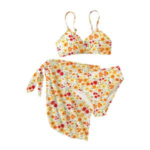 RoseSeek Girl's 3 Piece Bikini Set Floral Leopard O-Ring Swimsuit Beachwear (Yellow)