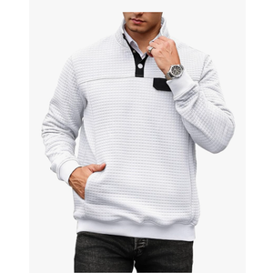 Men's Quilted Sweatshirt Casual Waffle Stand Collar Button Pullover Sweatshirts S, White