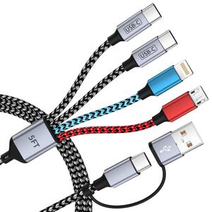 4 in 2 Multi Charging Cable, [Dual Type-C Port][5FT] USB A/C Charging Cables for Multiple Devices with IP/Micro/iPhone 17 Port, Universal USB C Cable Phone Charger Cord for iPhone 16-12, Tablet Pad