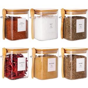 6 Pcs Square Glass Jar with Bamboo Lid and Spoon - 27 oz Large Sugar Container with 148 Kitchen Pantry Spice Jar Labels Preprinted - Glass Containers with Wooden Lids Hold Coffee, Tea, Candy
