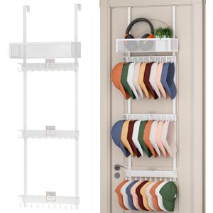Over Door Hat Rack - 3 Tier Hat Organizer for Baseball Caps, Hat Holder with 18 Hooks and Metal Basket, Hat Hanger Storage up to 28 Caps for Closet, Bedroom(White)