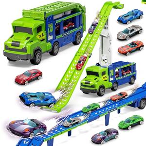 BainGesk Truck Car Toys for 3, 4, 5, 6 Years Old Boys Girls, 3 in 1 Carrier Truck with 2 Foldable Race Tracks, Transport Car with 6 Metal Cars, Birthday Toys Gifts for Toddlers