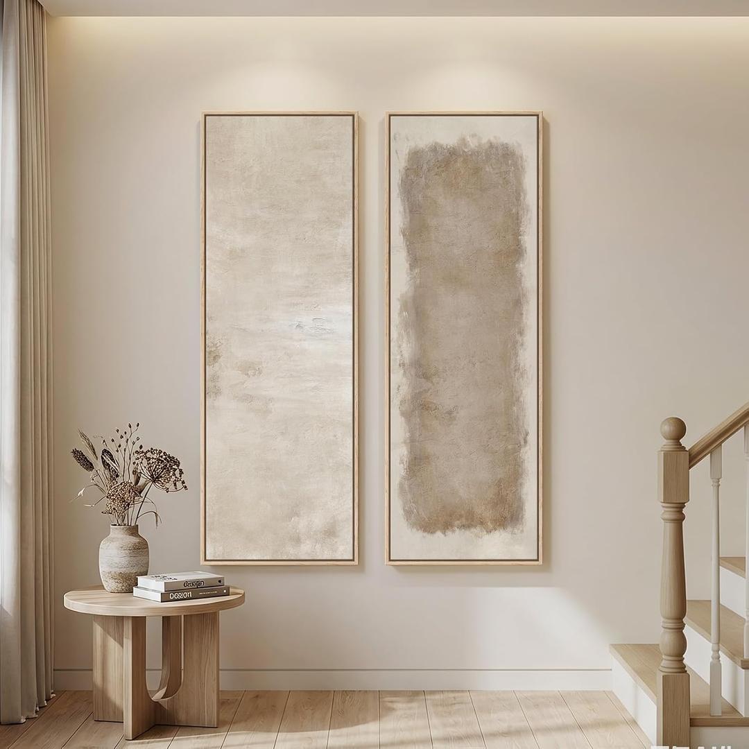 Long Narrow Framed Neutral Abstract Vertical Wall Art, 2 Piece Modern Canvas Prints Paintings Artwork for Walls, Tall Beige Cream Minimalist Pictures for Living Room Bedroom Hallway Entryway Wall Decor 20"W x 60"H x 2sPc